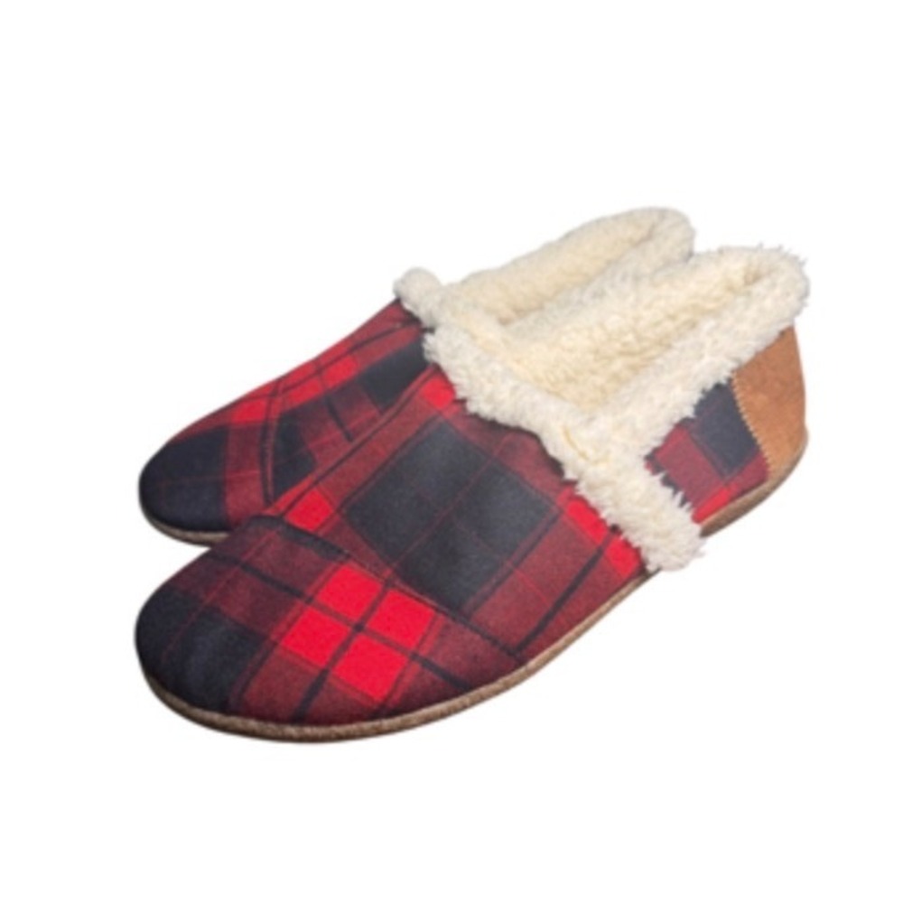 TOMS Slippers Women 10 Red Plaid Excellent Faux Fur Lined Cabin Cozy Slip On